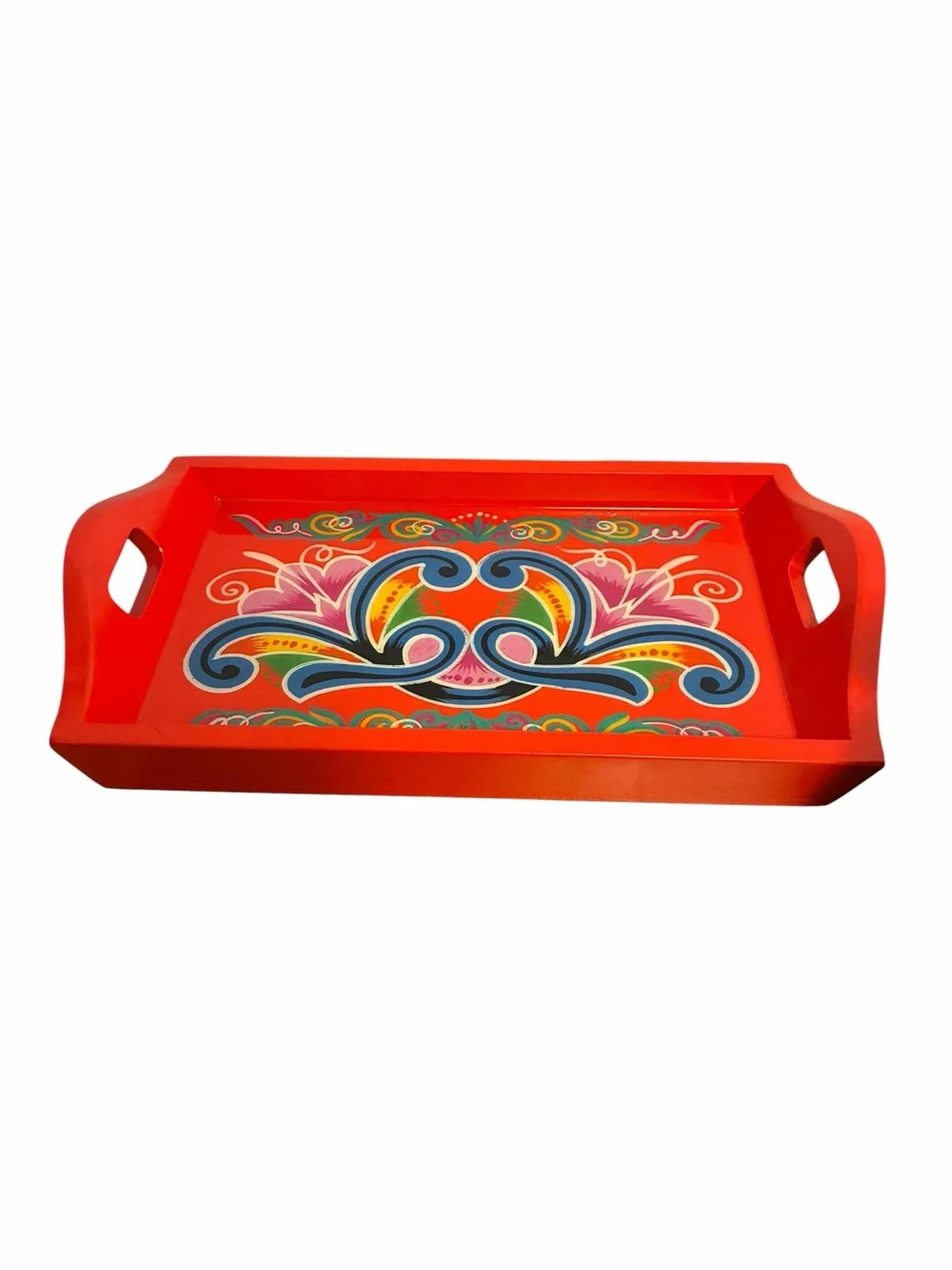 Vintage Red Wooden Rosemaling Serving Tray Hand Painted Floral Folk Art Handle